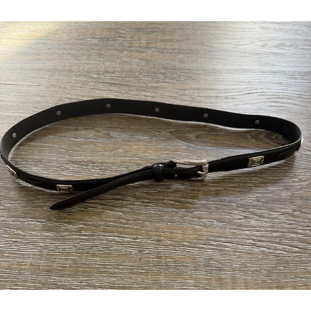 Vtg‎ 90s FOSSIL Women's Black Leather Western Belt Silver Hardware Sz L